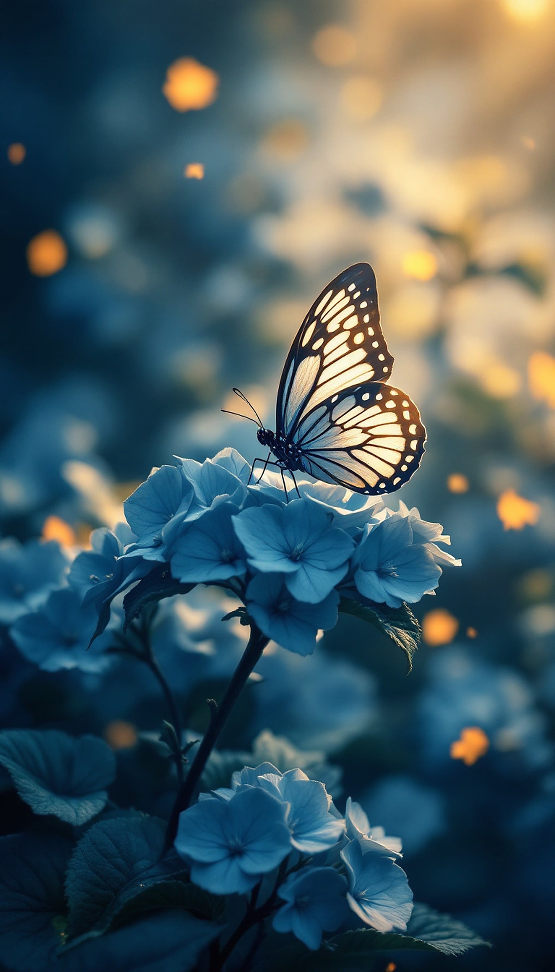 Dreamy Butterfly on Blue Hydrangea at Sunset, butterfly, hydrangea, blue flowers, sunset, golden hour, nature wallpaper