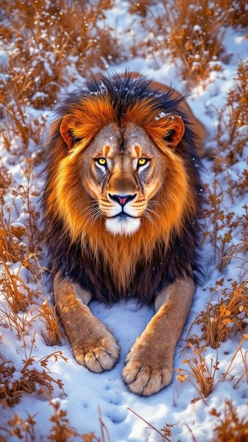 Majestic Lion in Snow Winter Forest Wallpaper