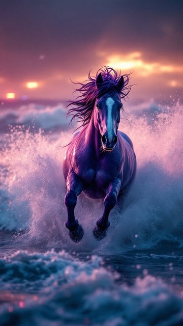 Galloping Horse in Mystic Ocean Waves at Sunset
