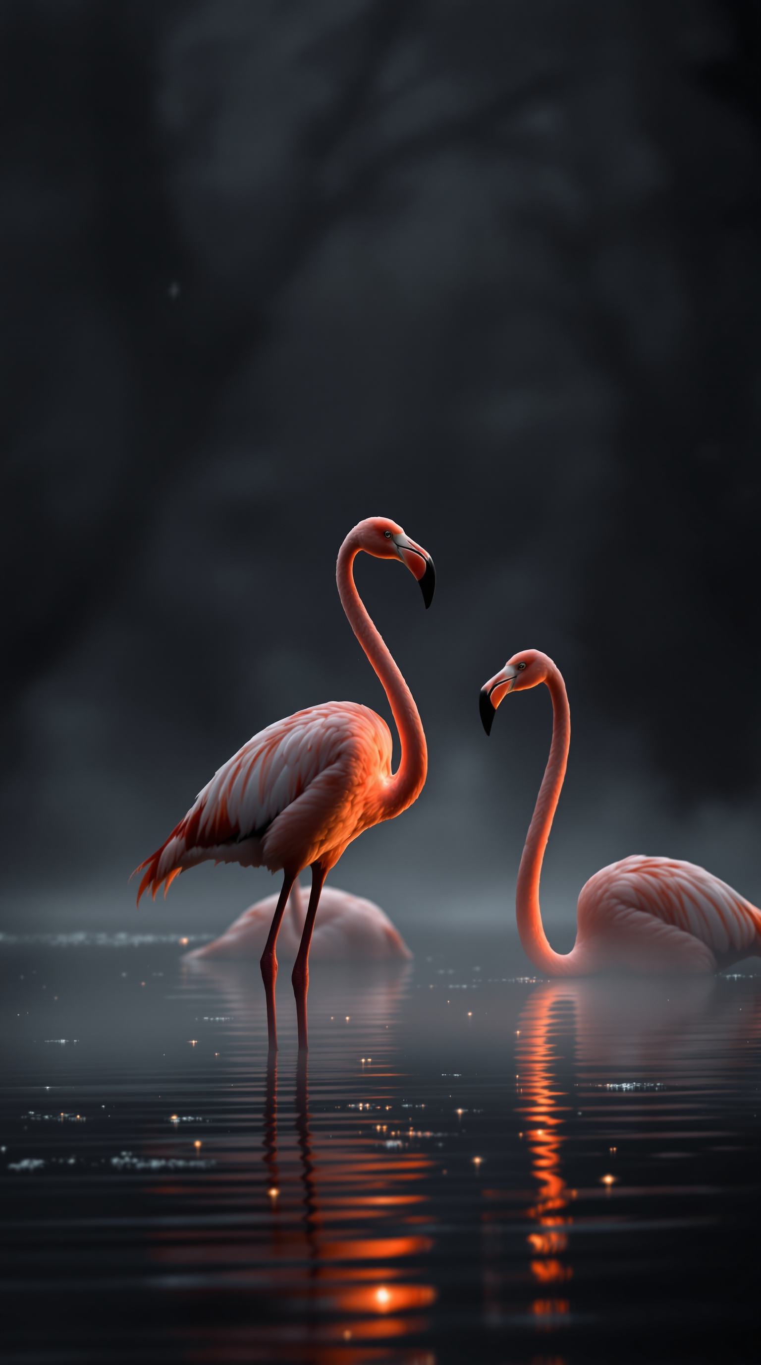 Flamingos at Sunset Lake Moody Dark Wallpaper, flamingo, sunset, moody, dark, animal wallpaper, nature