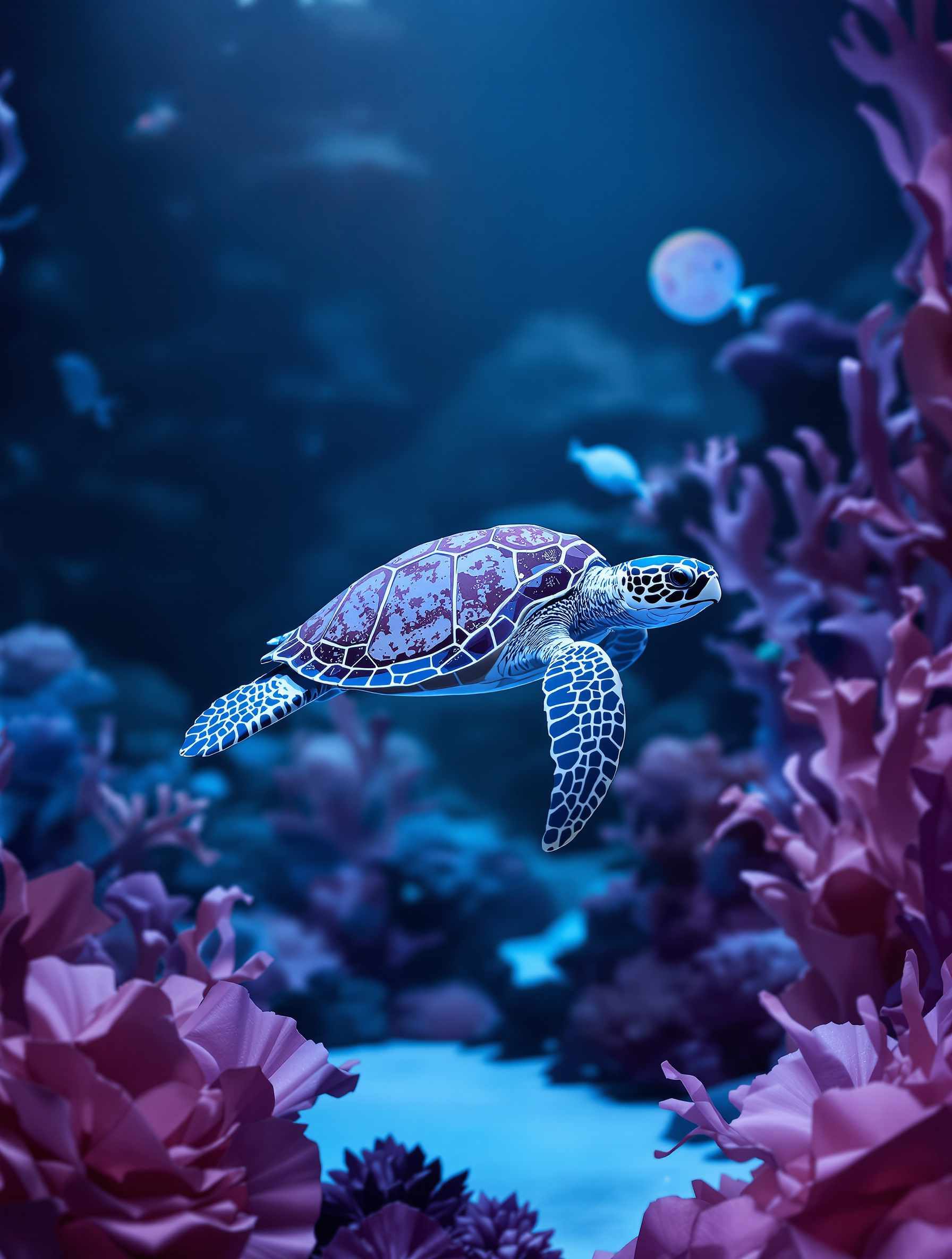 Vibrant Blue Sea Turtle & Purple Coral, sea turtle, underwater, purple coral, ocean life, marine, blue aesthetic