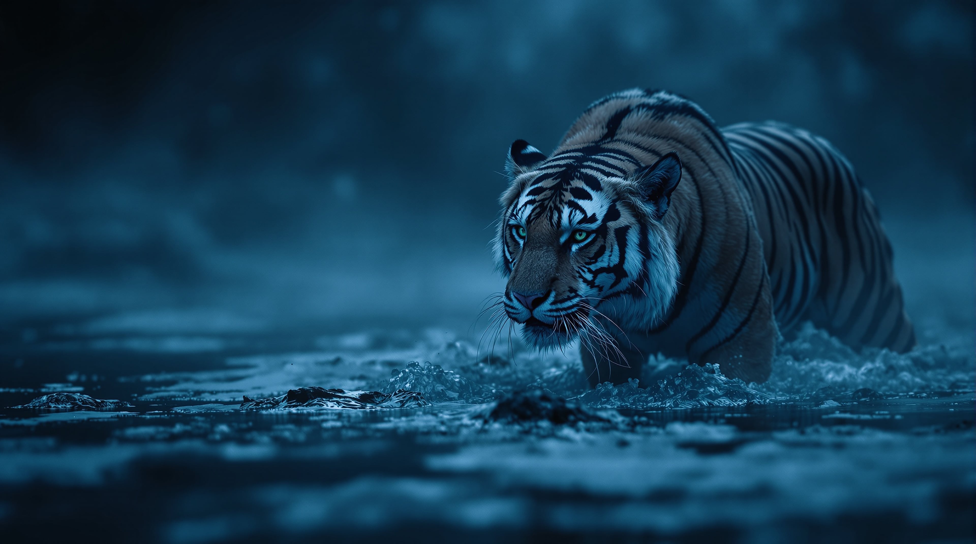 Mysterious Tiger in Dark Blue Water, tiger, wildlife, dark, blue, water, mist