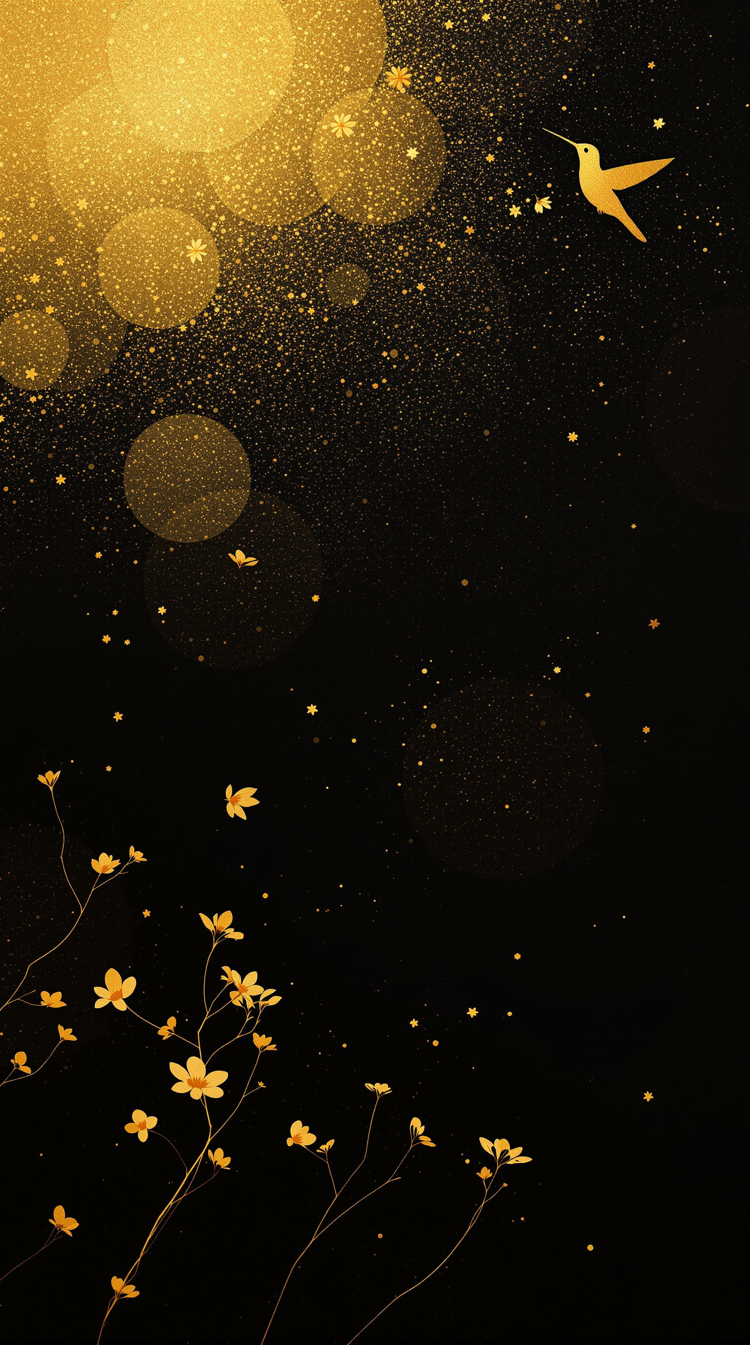 Golden Hummingbird & Flowers on Black Bokeh, golden hummingbird, black background, gold flowers, bokeh lights, minimalist illustration, luxury wallpaper