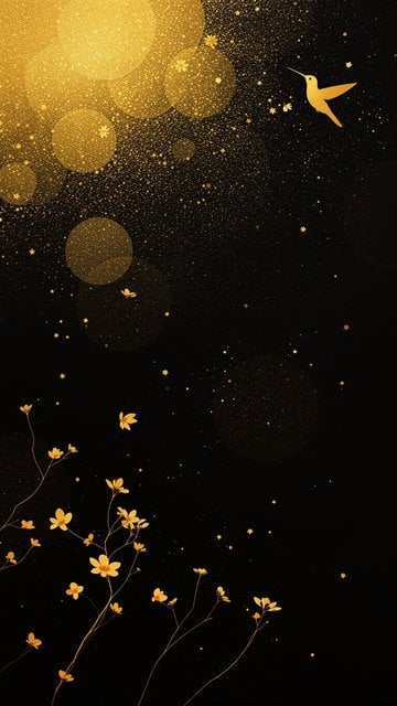 Golden Hummingbird & Flowers on Black Bokeh
