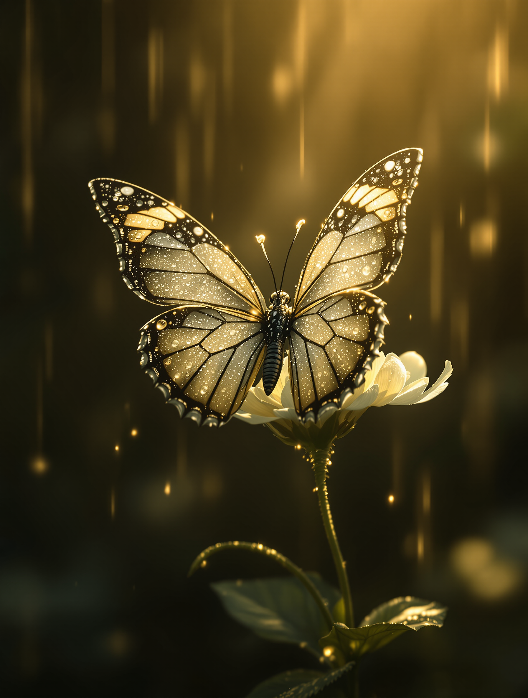 Golden Dewdrop Butterfly on White Flower, butterfly, golden light, dewdrops, white flower, nature, ethereal
