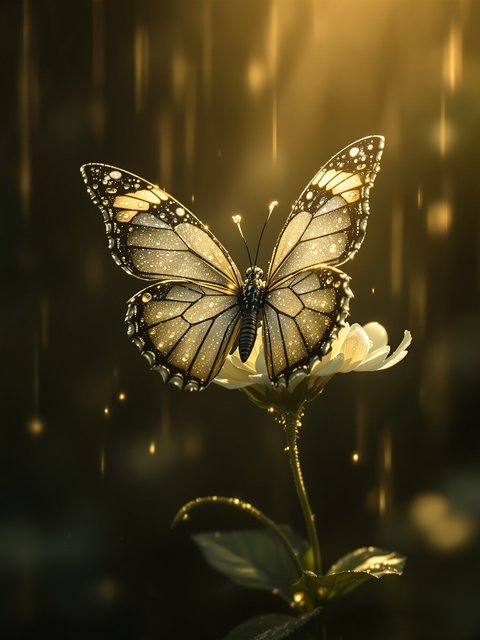 Golden Dewdrop Butterfly on White Flower