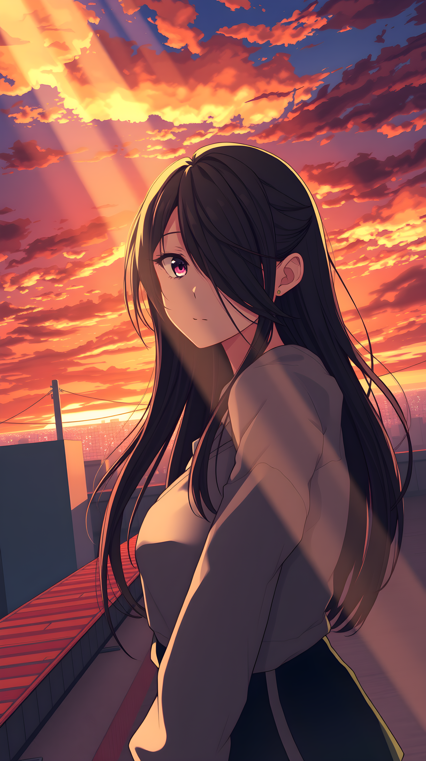 Anime Girl Sunset Rooftop Wallpaper, Golden Hour Sky, anime girl, sunset, rooftop, golden hour, aesthetic wallpaper, mobile background