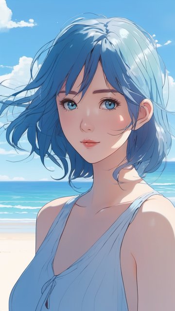 Anime Girl Beach Wallpaper, Blue Hair, Blue Sky