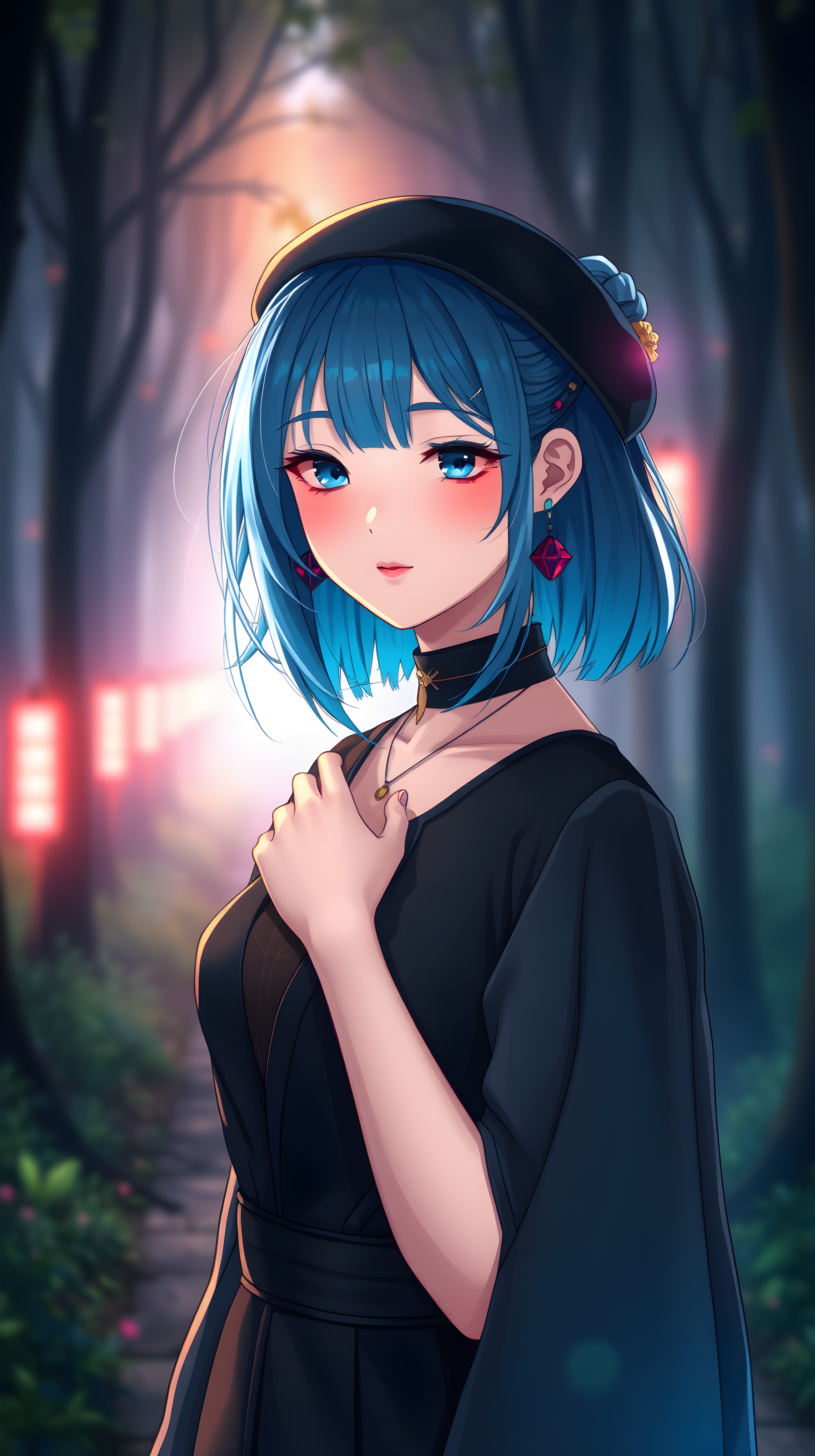 Anime Girl Blue Hair Glowing Forest Path, anime girl, blue hair, glowing lanterns, forest path, mystical, cute