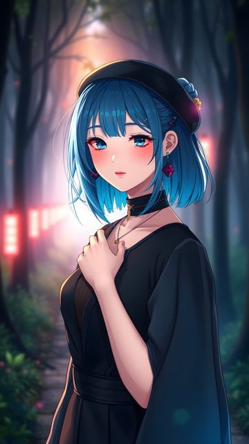Anime Girl Blue Hair Glowing Forest Path