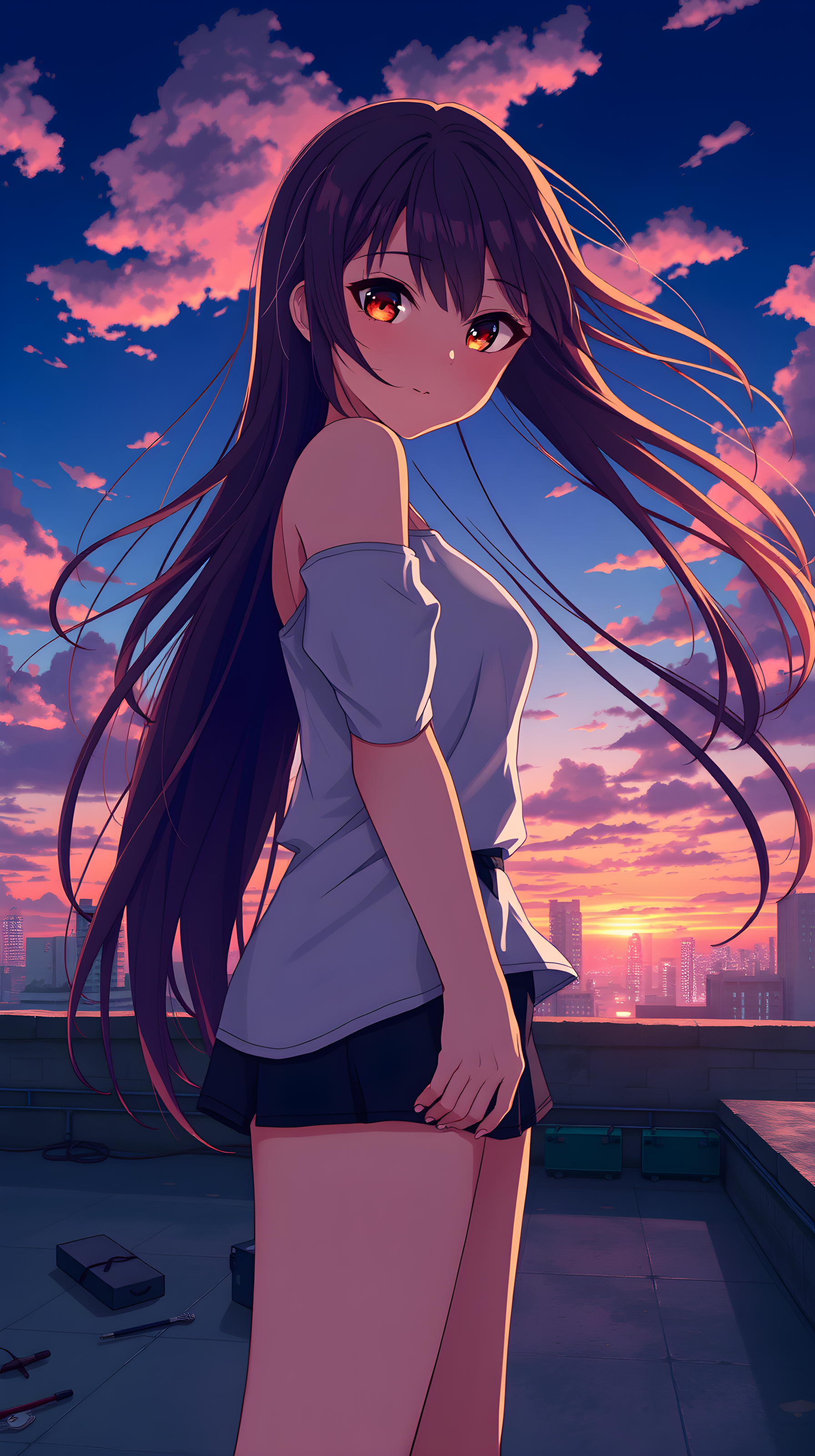 Anime Girl on Rooftop at Sunset | Vibrant Sky Wallpaper, anime girl, sunset, rooftop, cityscape, vibrant sky, pink clouds