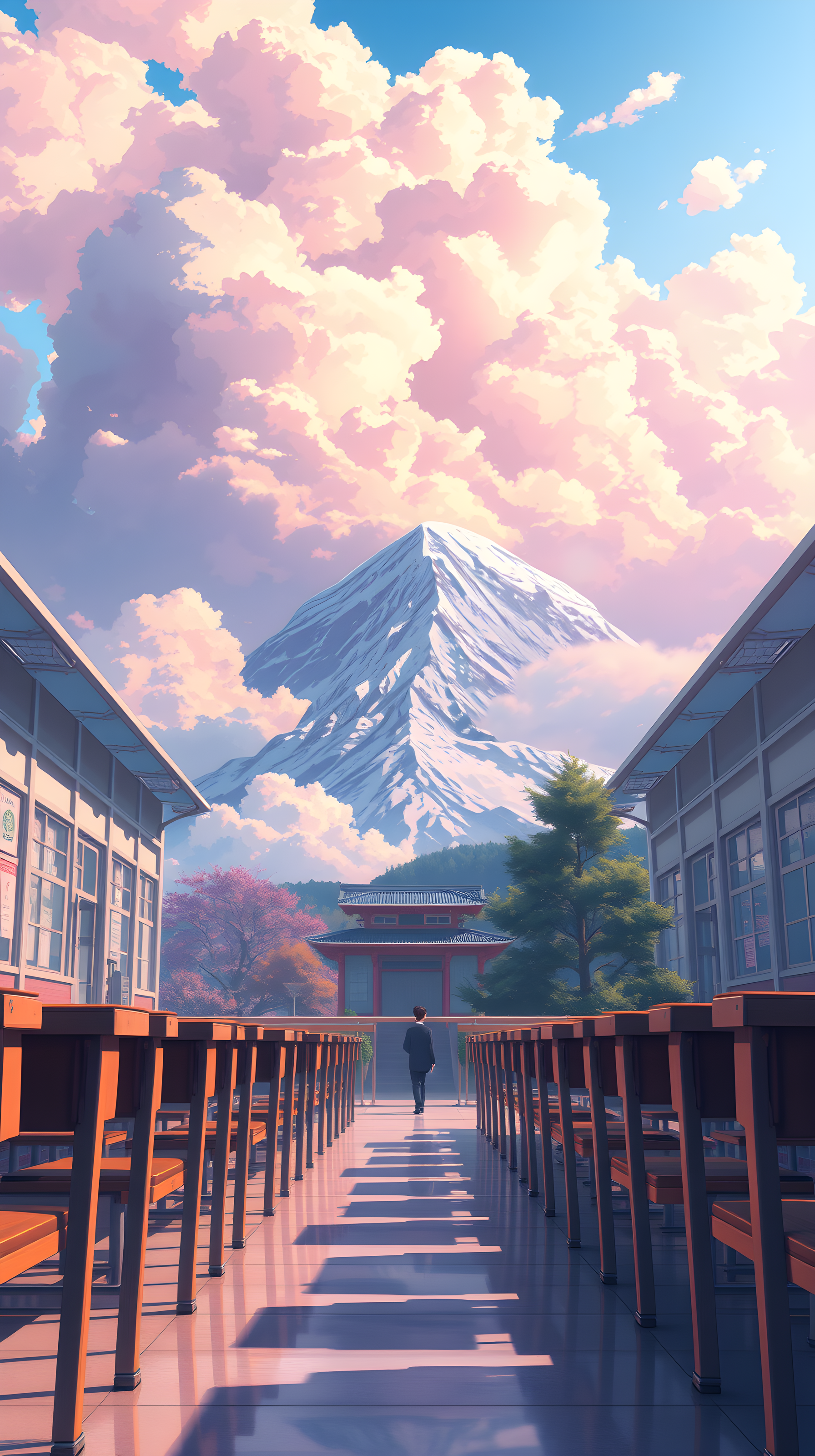 Dreamy Japanese School Path with Fuji & Pink Clouds, anime, japan, mount fuji, school, cherry blossom, pink sky