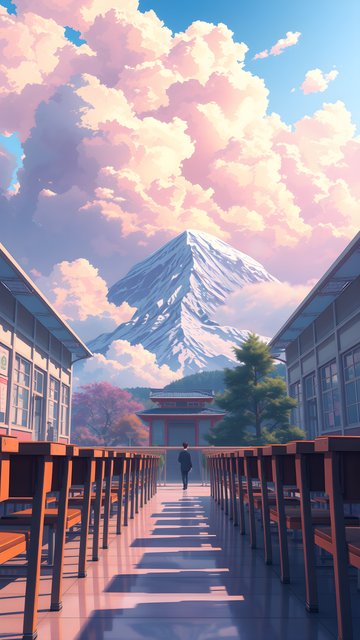 Dreamy Japanese School Path with Fuji & Pink Clouds