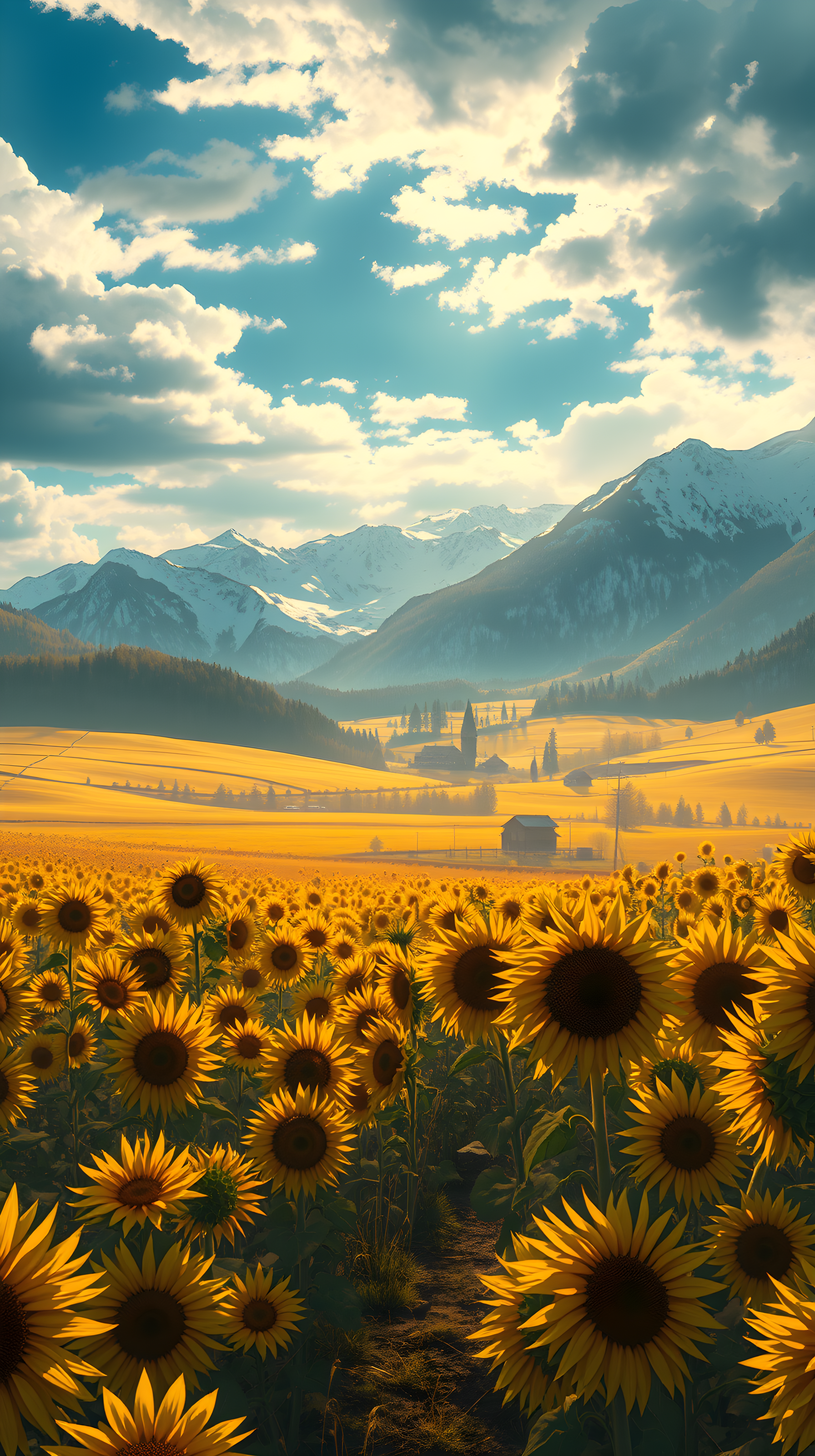 Golden Sunflower Field with Majestic Snowy Mountains, sunflower field, snowy mountains, golden hour, landscape, nature, village