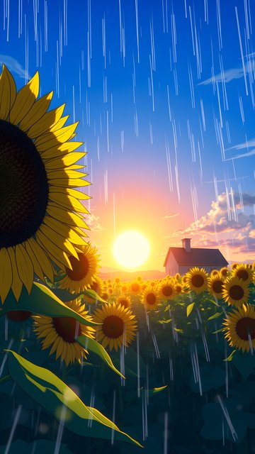 Anime Sunflower Field Sunset Rain Wallpaper