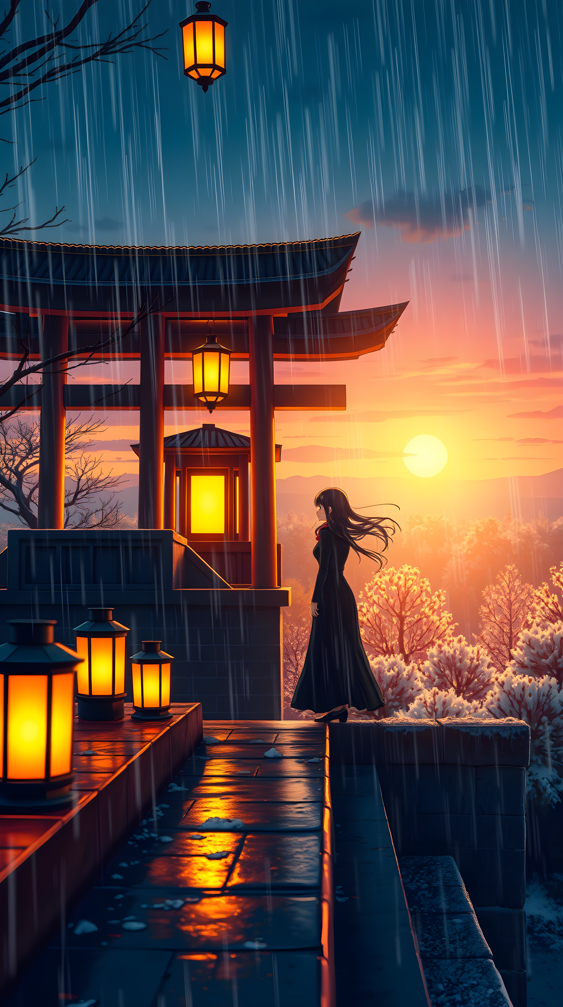 Rainy Sunset Shrine with Lone Figure & Lanterns, anime wallpaper, japanese shrine, sunset rain, glowing lanterns, moody aesthetic, fantasy art