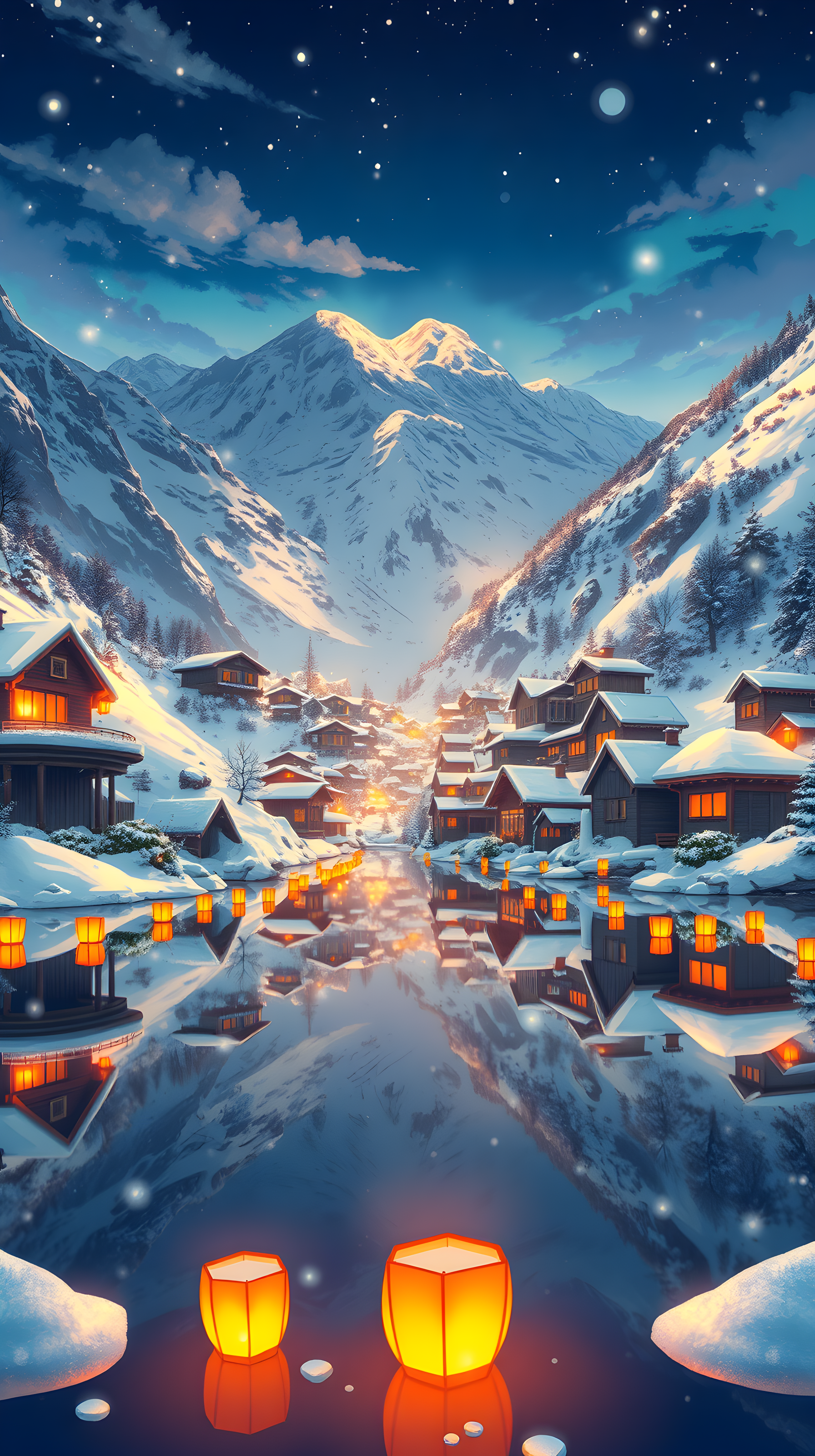 Enchanted Winter Mountain Village at Starry Night, winter, snow village, mountain, night scene, starry sky, reflection