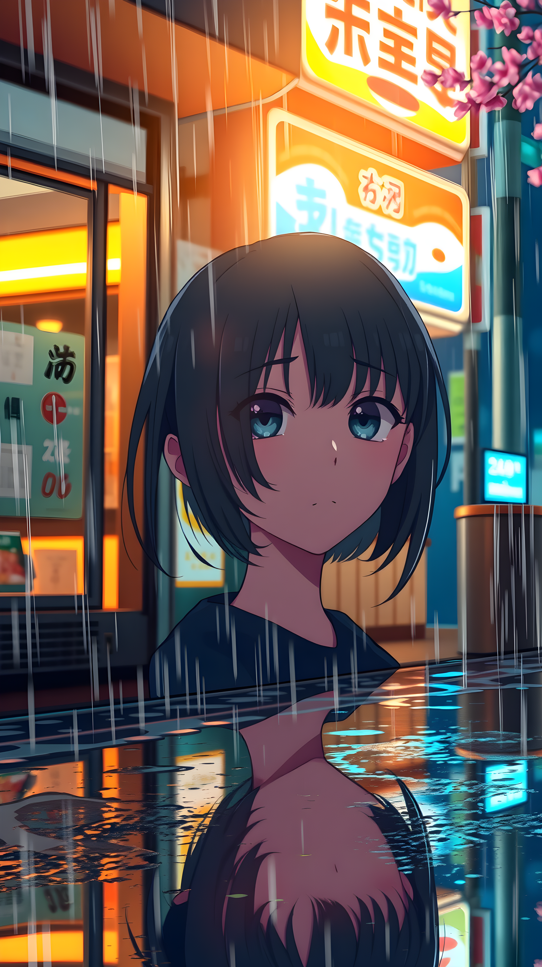 Rainy City Night Anime Girl Wallpaper, anime girl, rainy night, japanese city, neon lights, urban art, digital illustration