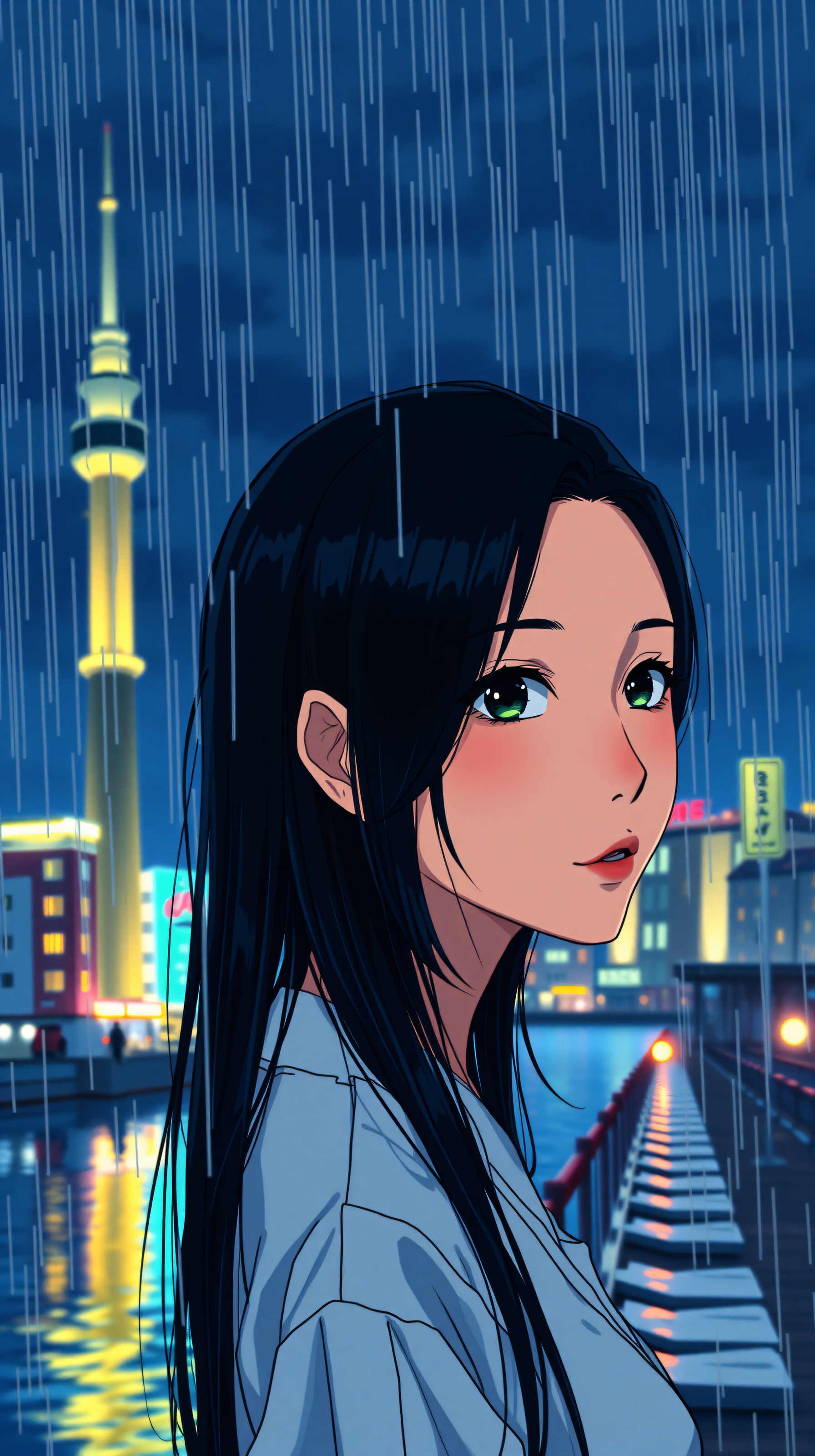 Anime Girl Rainy City Night Aesthetic Wallpaper, anime girl, rainy city, night, urban, lofi, aesthetic