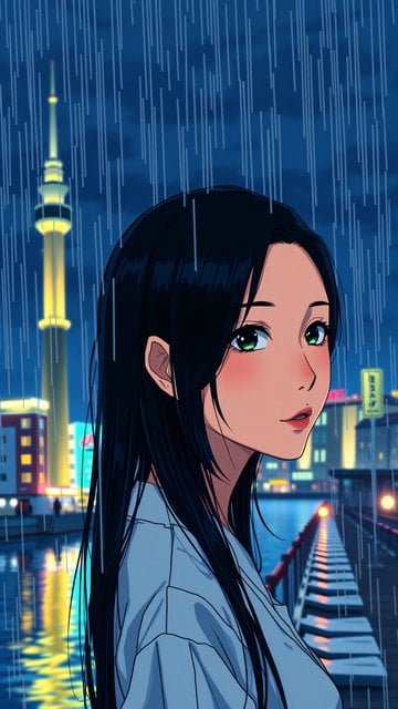Anime Girl Rainy City Night Aesthetic Wallpaper