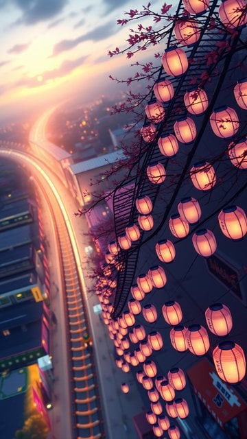 Vibrant Japanese Lanterns City Sunset Mobile Wallpaper
