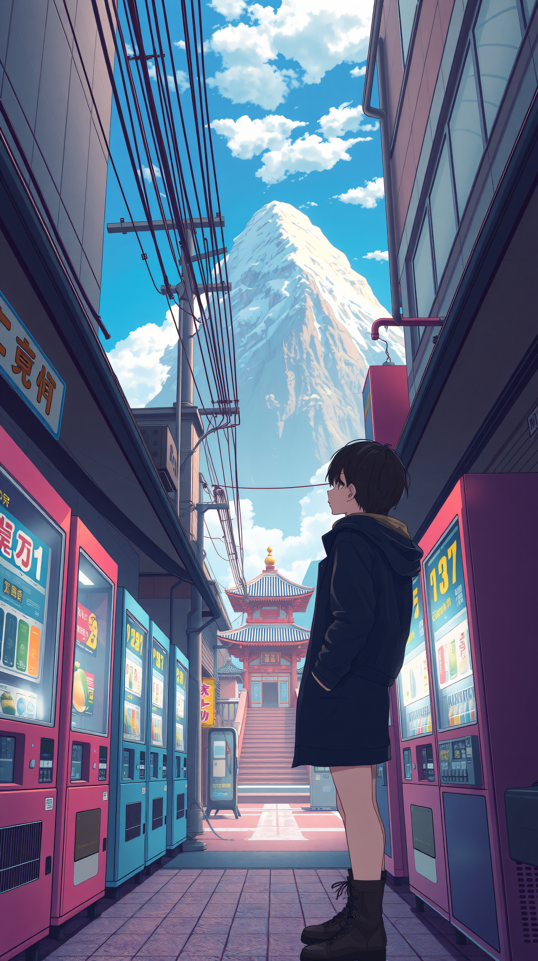 Anime City Street with Snow Mountain View, anime, wallpaper, japan, city, street, mountain