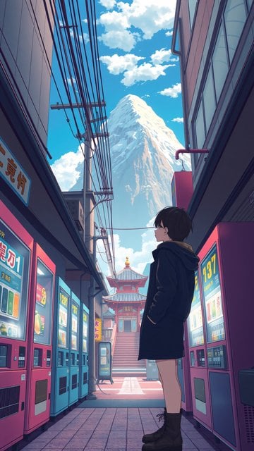 Anime City Street with Snow Mountain View