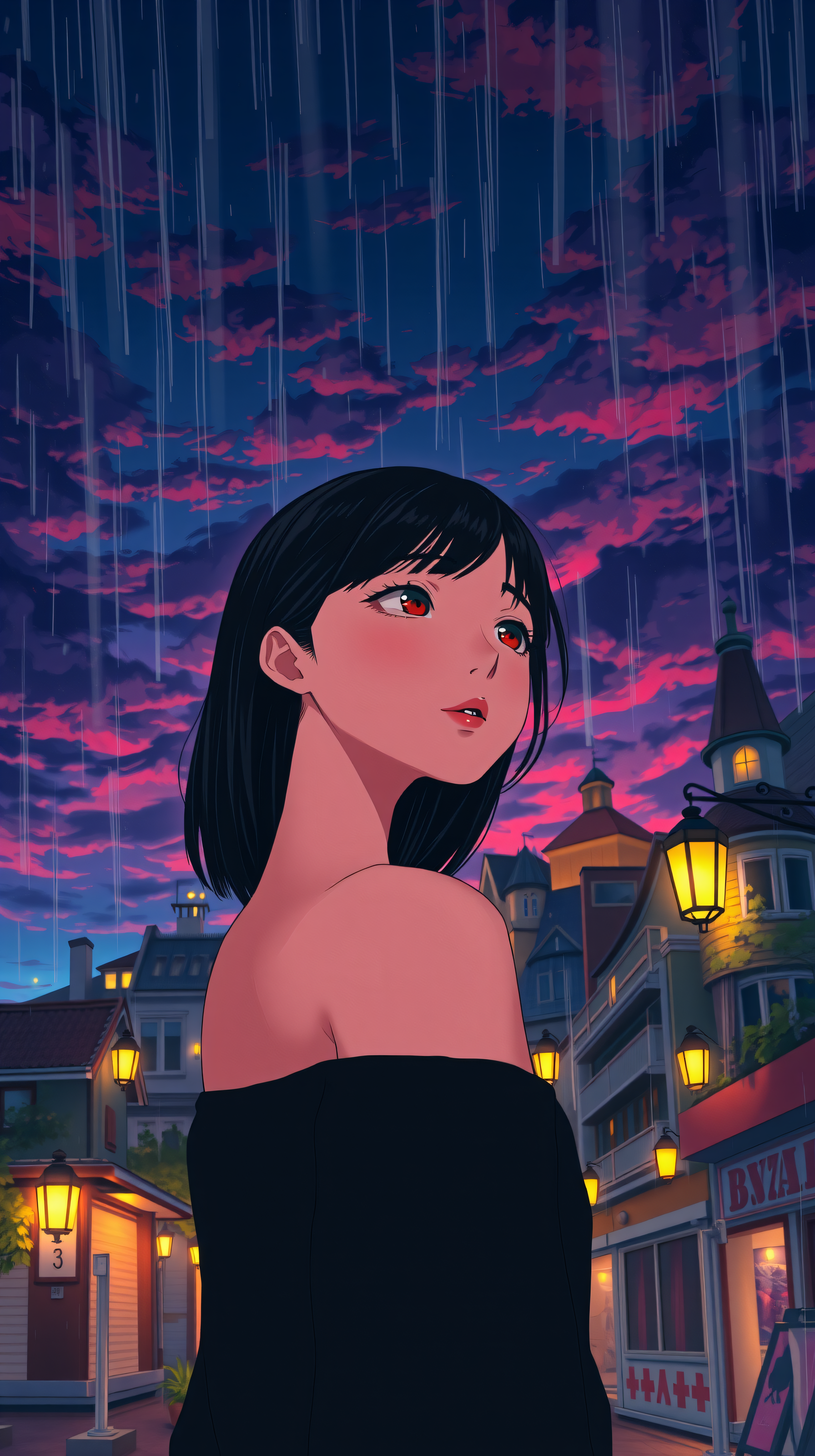 Anime Girl Rainy Night Pink Sky Cityscape Wallpaper, anime girl, rainy night, pink sky, cityscape, moody, aesthetic