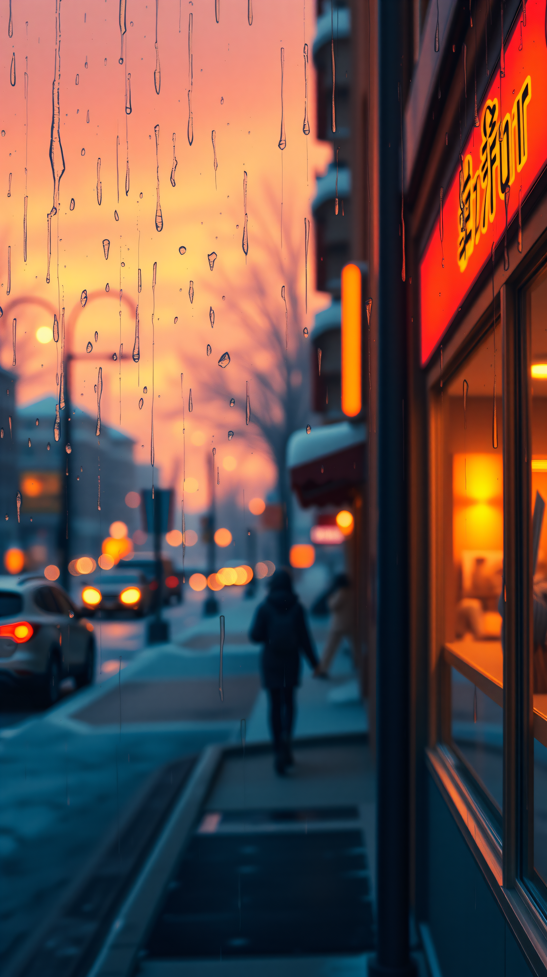Atmospheric Rainy City Sunset Through Window, rainy city, sunset, window view, urban aesthetic, bokeh, atmospheric