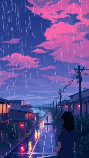 Rainy Japanese Street at Twilight, Pink Sky Anime