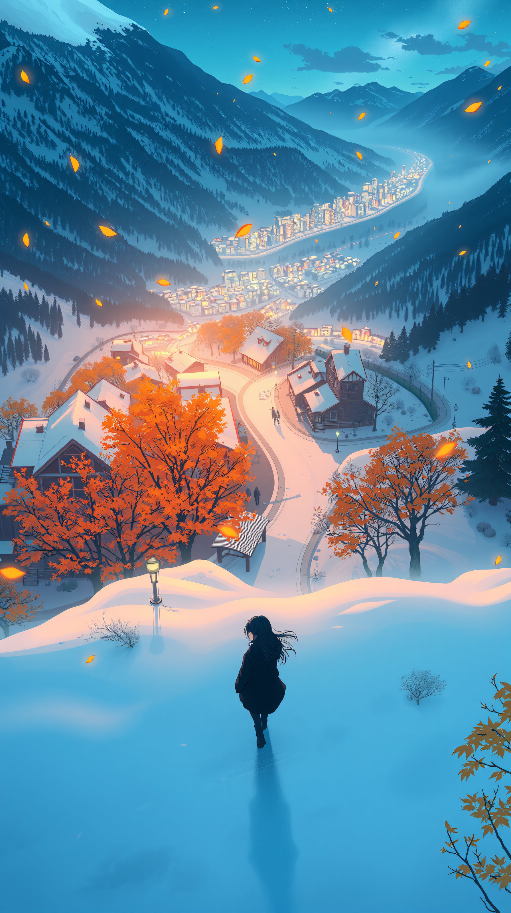 Anime Girl Overlooking Snowy Mountain Village at Twilight, anime, winter village, snowy mountains, falling leaves, twilight, cozy