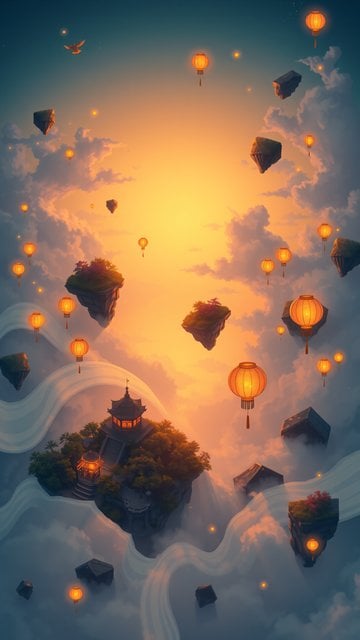 Ethereal Sky Temple & Floating Lanterns Wallpaper