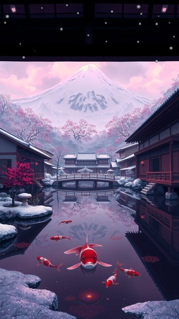 Mount Fuji Winter Sakura Village Koi Pond Wallpaper