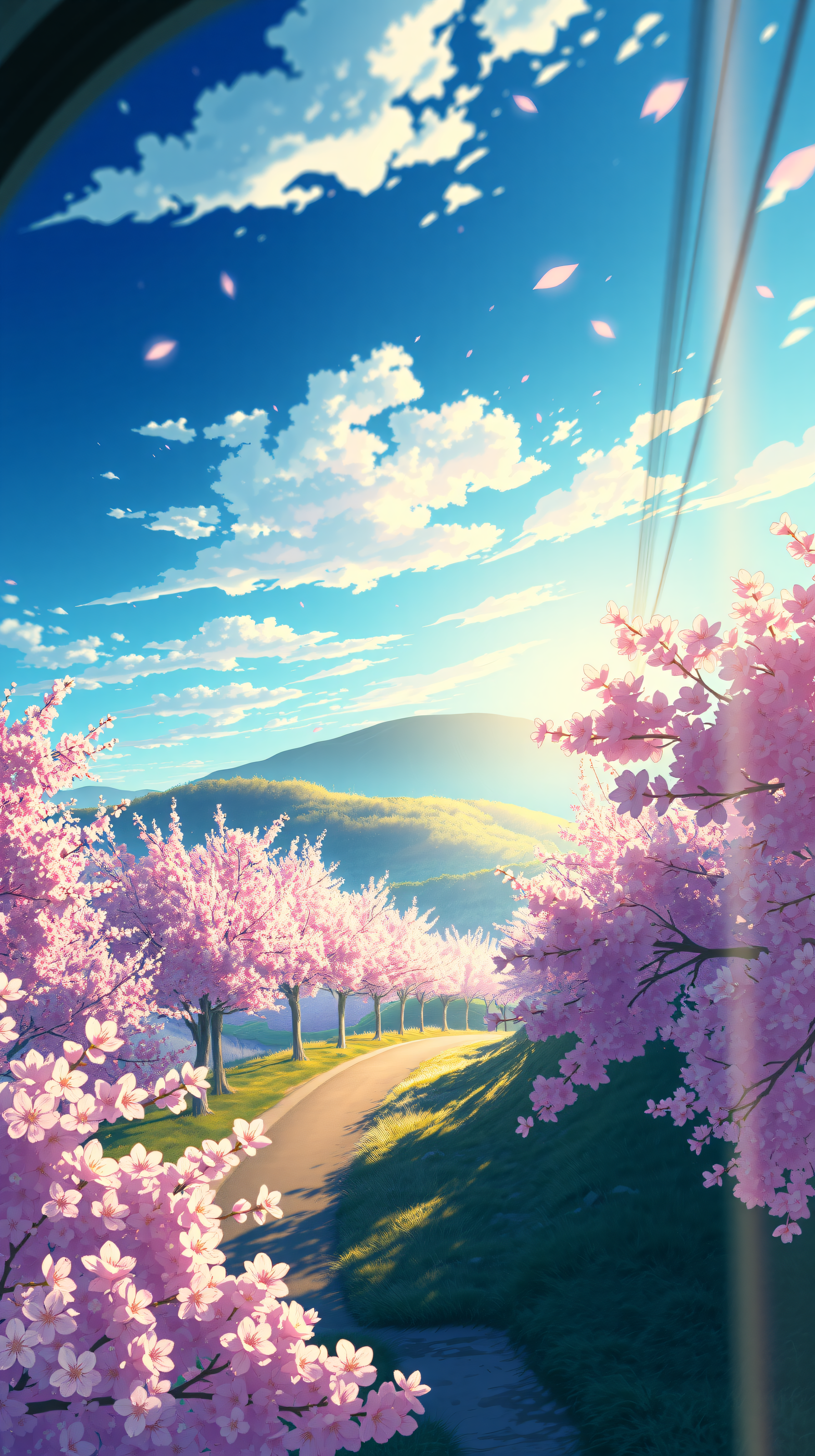 Vibrant Anime Cherry Blossom Road Wallpaper, cherry blossom, sakura, anime, spring, landscape, road