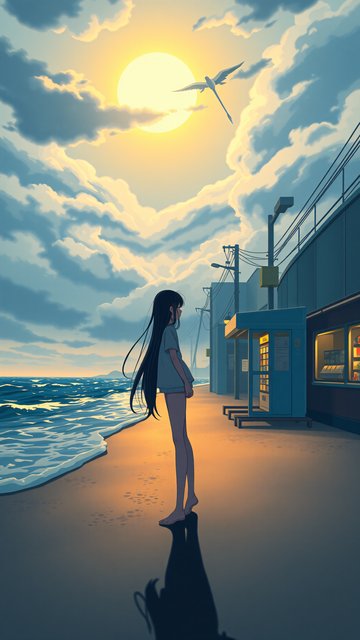 Dreamy Anime Girl Beach Sunset Wallpaper