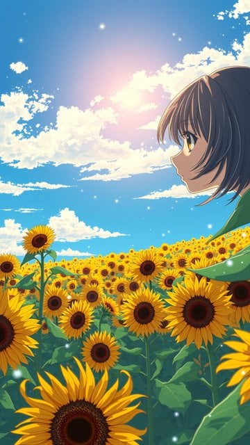 Anime Girl in Sunflower Field, Bright Summer Sky Wallpaper
