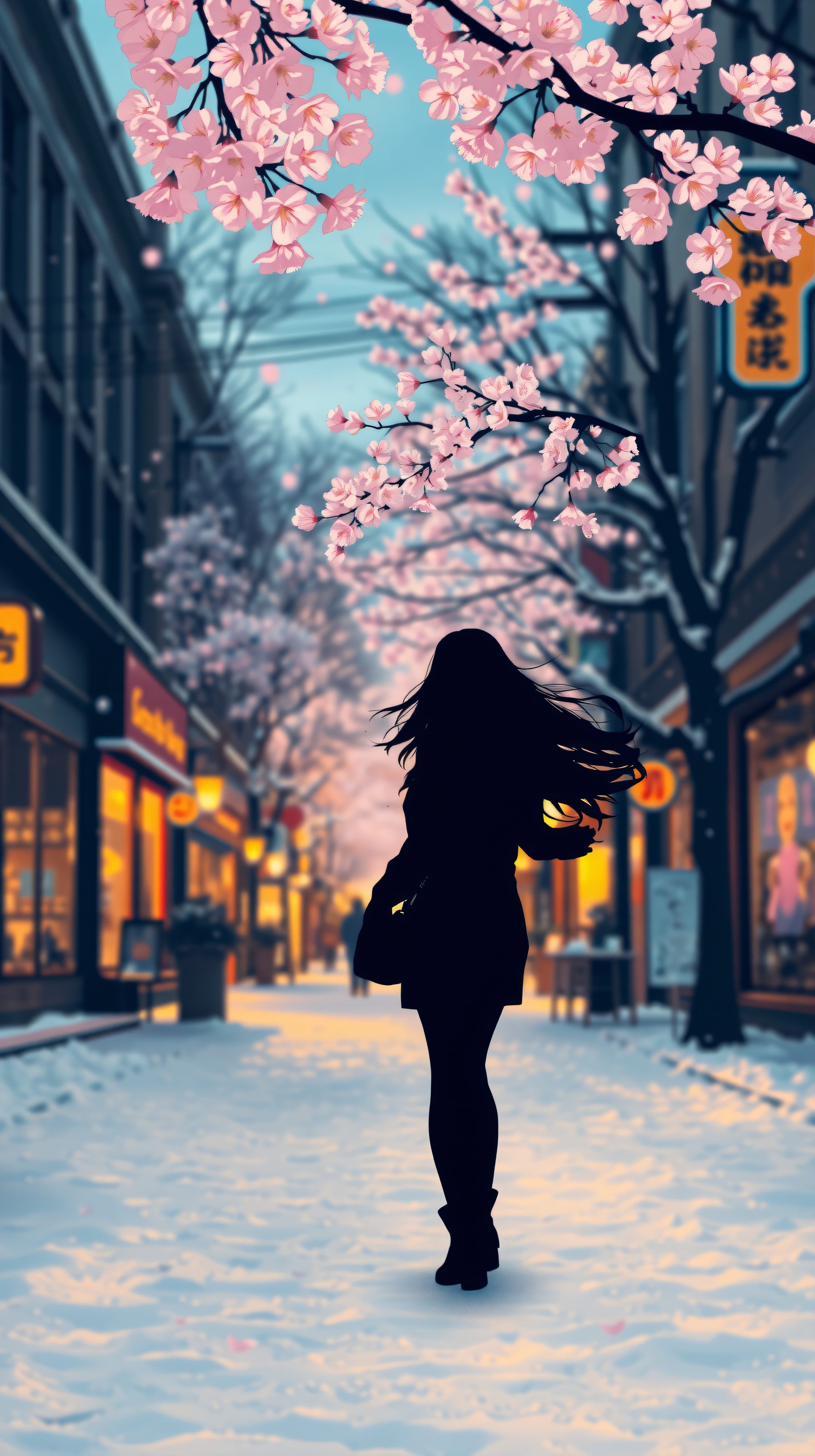 Cherry Blossom Winter Street Silhouette Wallpaper, cherry blossoms, sakura, snowy street, silhouette, romantic, aesthetic