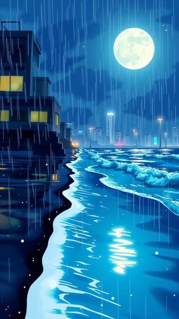 Moonlit Rainy City Coastline