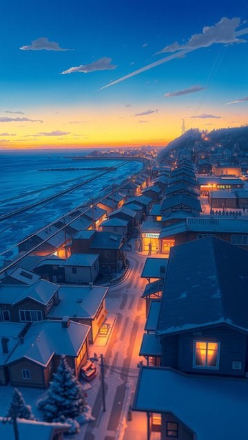 Snowy Coastal Town at Twilight - Anime Aesthetic Wallpaper