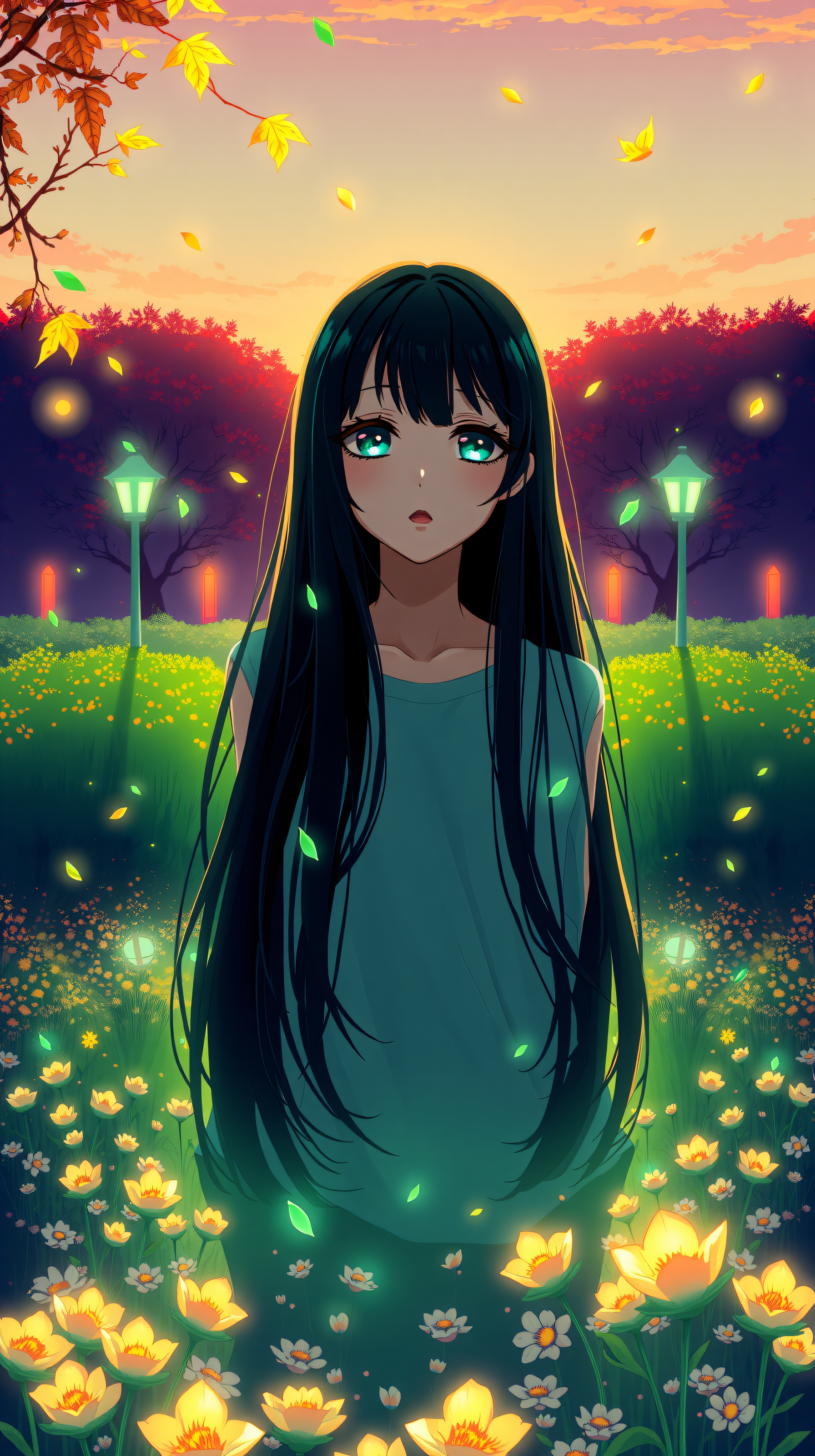 Anime Girl in Magical Sunset Flower Field Wallpaper, anime girl, fantasy art, sunset, glowing flowers, magical forest, dreamy aesthetic