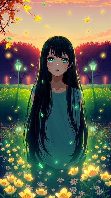 Anime Girl in Magical Sunset Flower Field Wallpaper