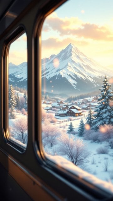 Cozy Train View Winter Mountain Village Sunset