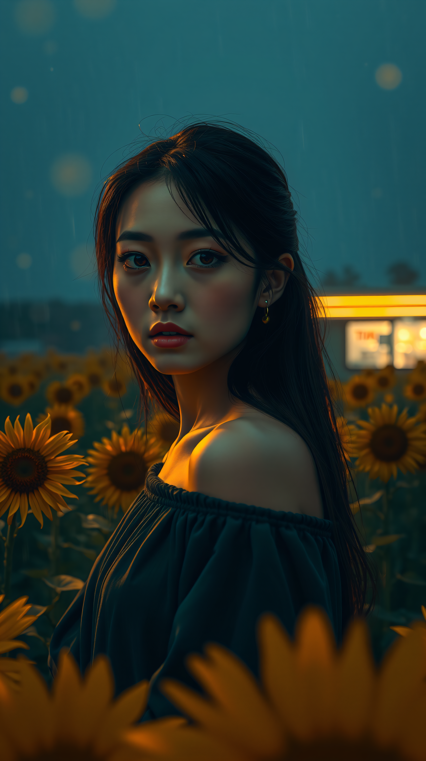 Woman in Sunflower Field at Twilight, woman, sunflowers, portrait, twilight, golden light, teal