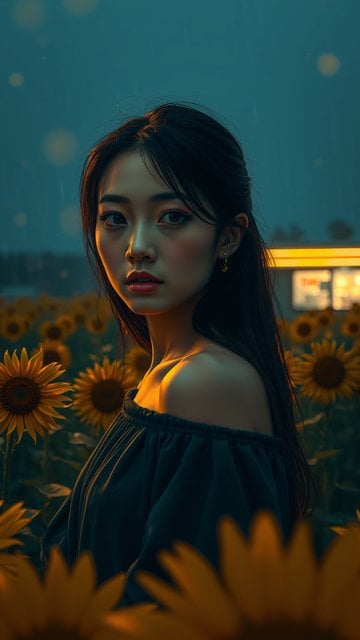 Woman in Sunflower Field at Twilight