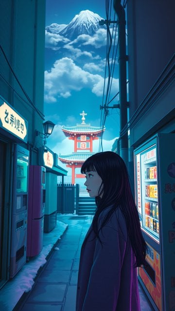 Anime Girl in Alley with Mt. Fuji Wallpaper