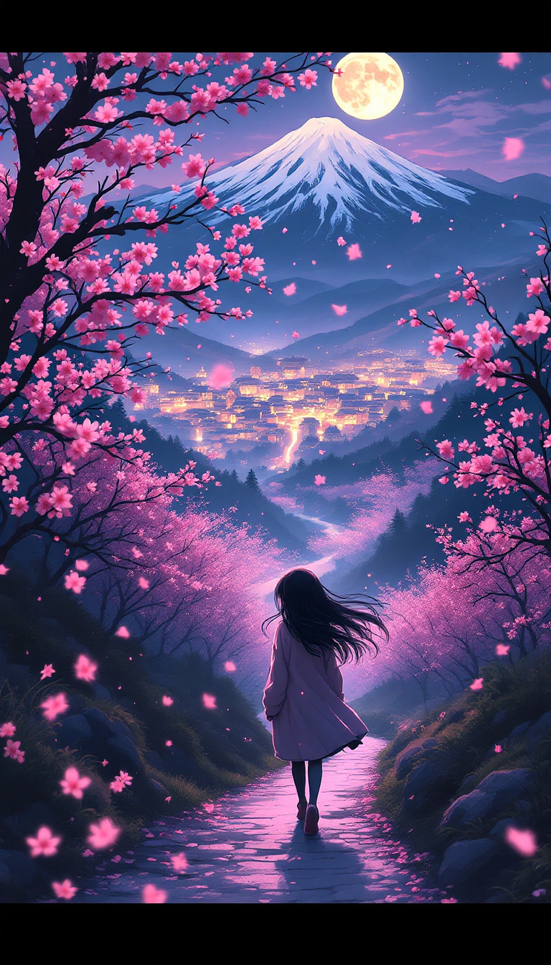 Anime Cherry Blossom Path, Fuji, Full Moon Night, anime, cherry blossom, mt fuji, full moon, night, pink