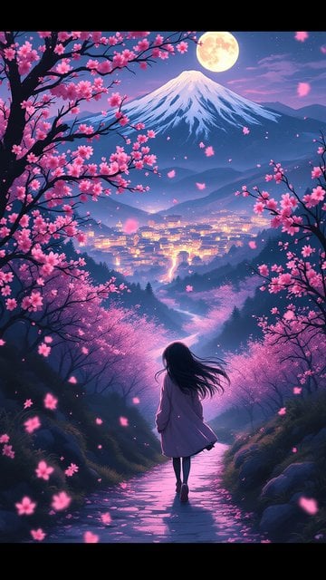 Anime Cherry Blossom Path, Fuji, Full Moon Night
