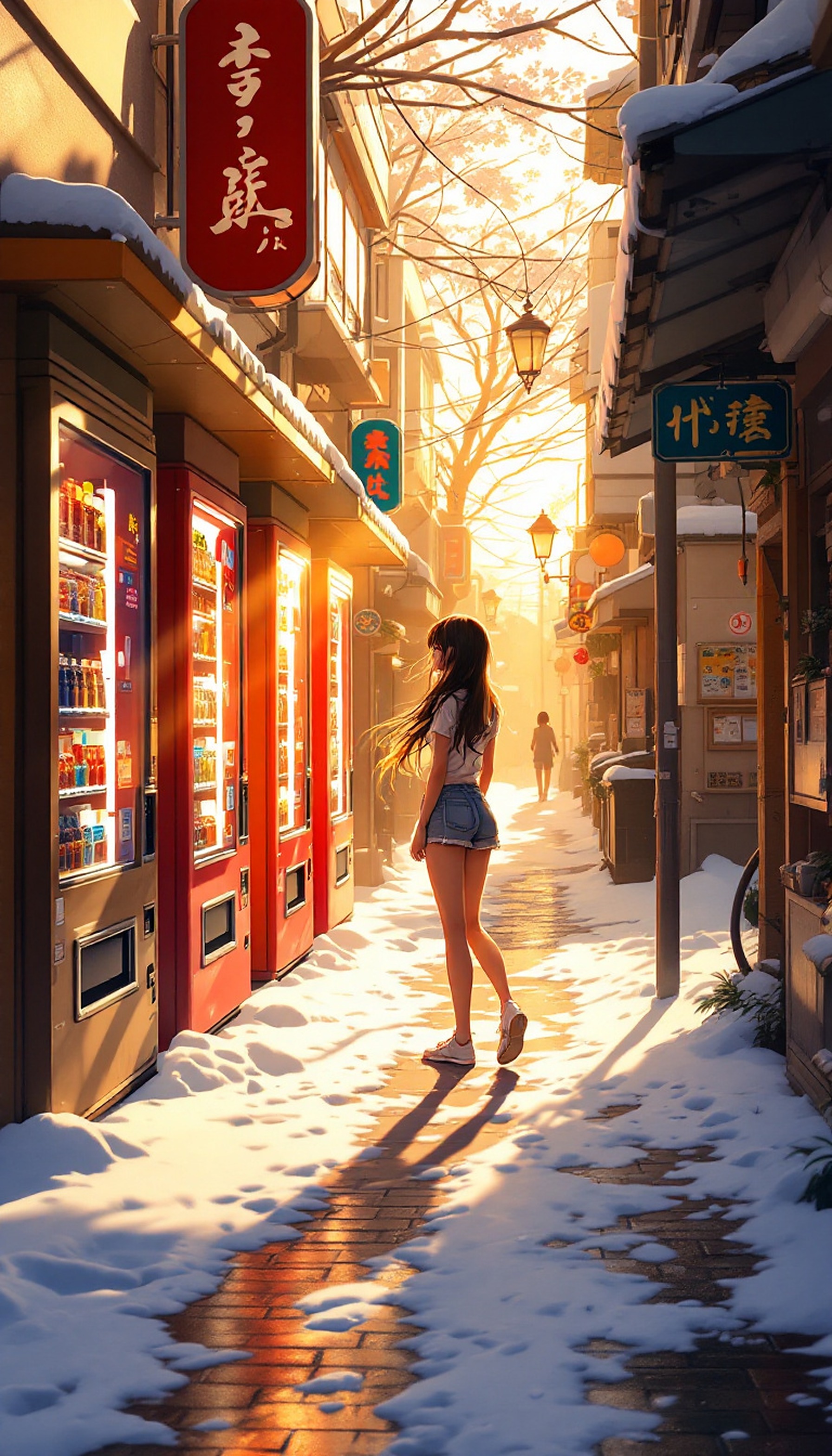Winter Sunset in Japanese Street with Vending Machines, japanese street, winter sunset, snow, vending machines, anime art, golden hour