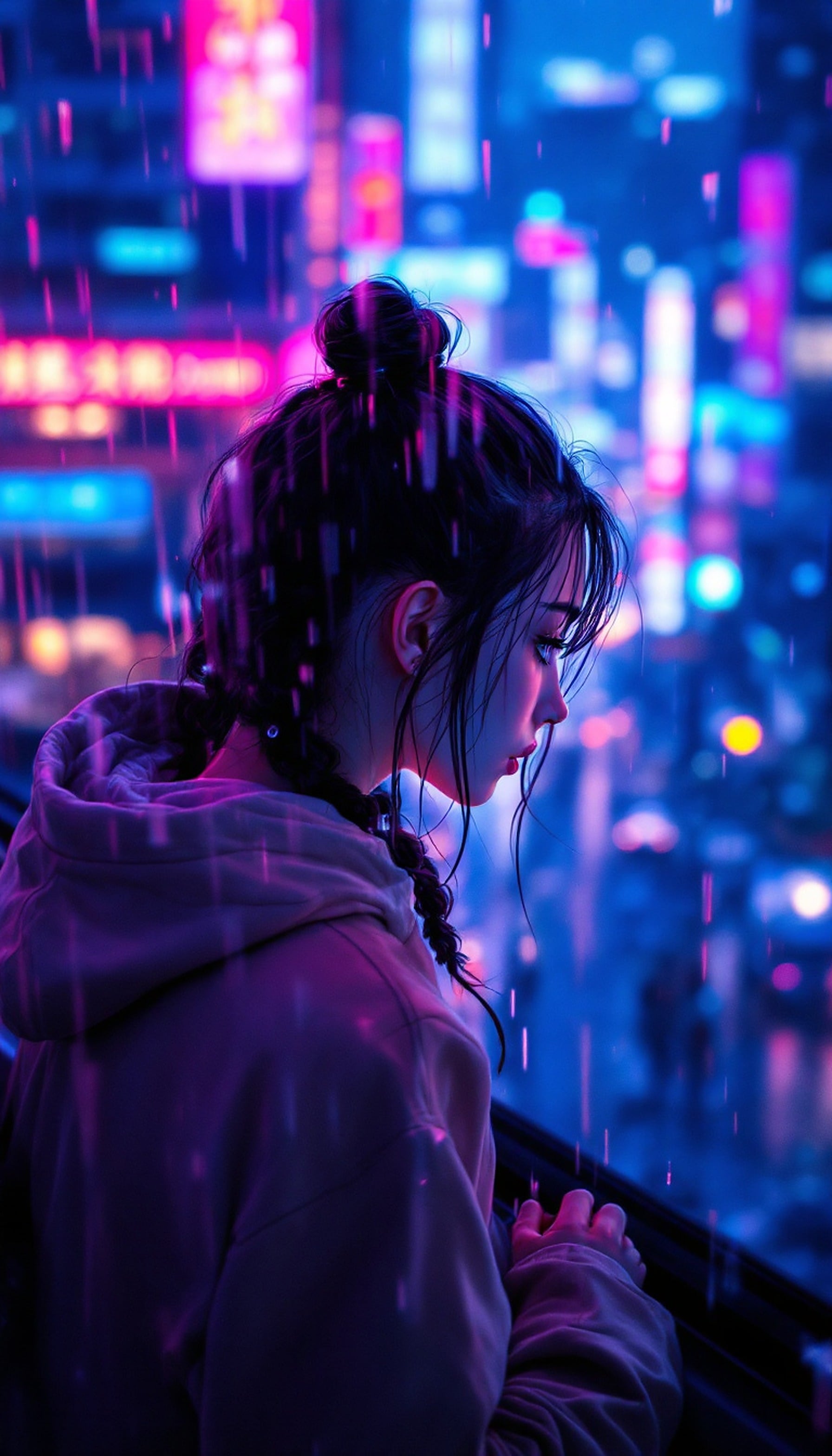 Cyberpunk Girl in Neon Rain City, cyberpunk, neon city, rain, night cityscape, purple aesthetic, blue aesthetic