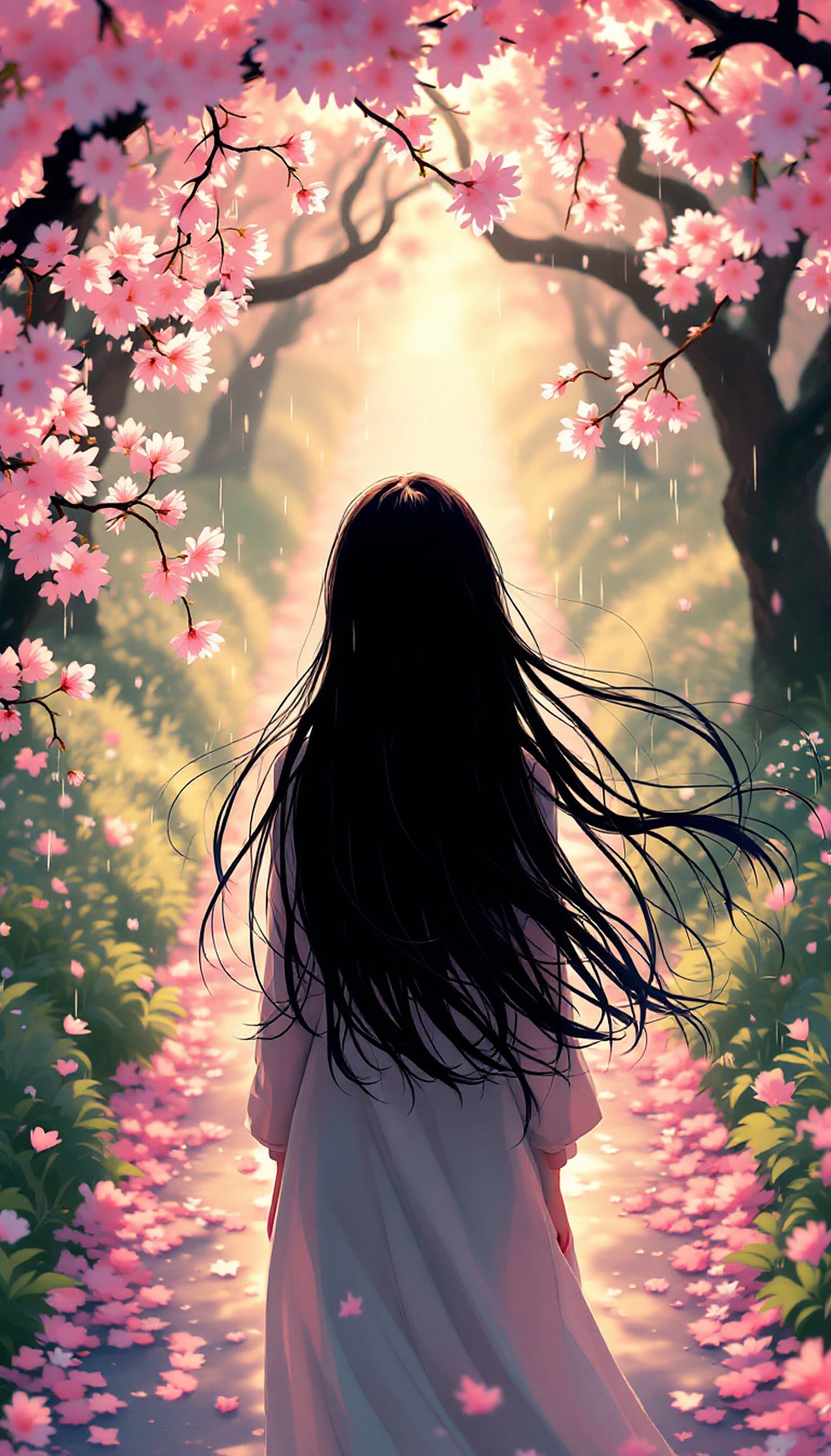 Anime Girl in Cherry Blossom Path Wallpaper, anime girl, cherry blossom, sakura, pink flowers, spring wallpaper, aesthetic